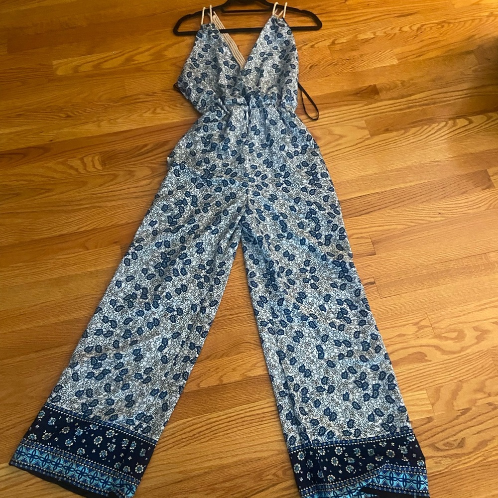 Tan and Blue Boho Jumpsuit with Wide-Leg Silhouette